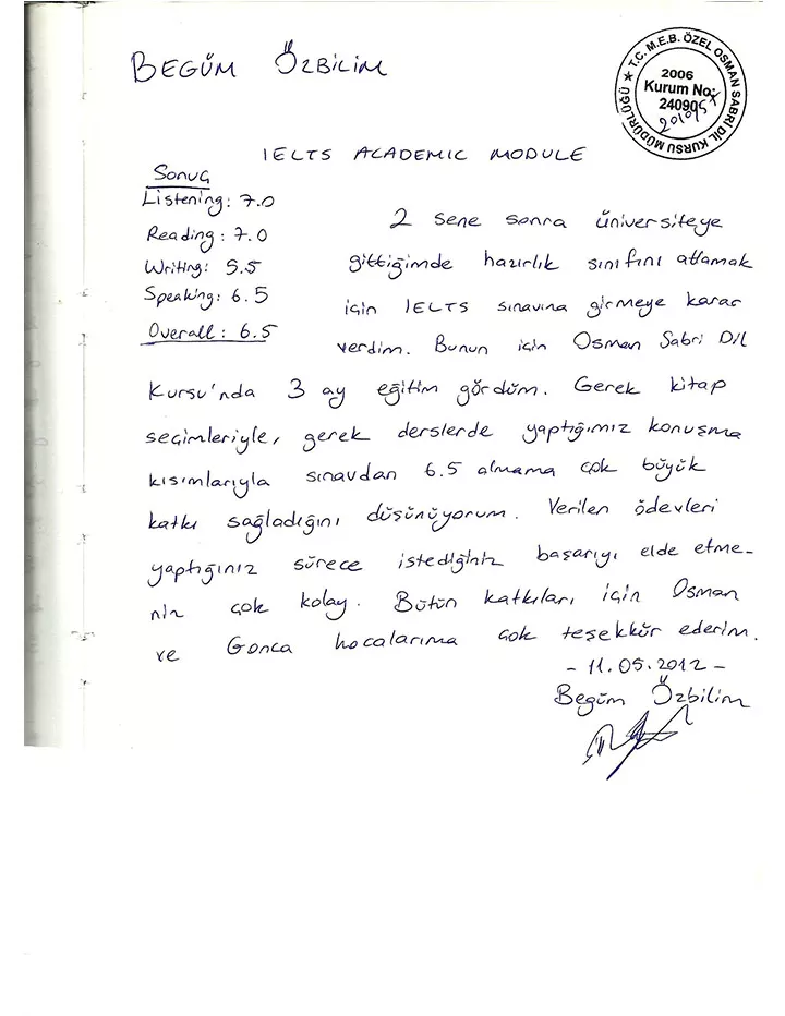 Begüm Özbilim / Ielts